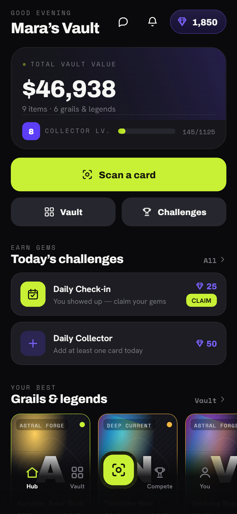 The Grailry app Hub — live vault value, scan, and daily challenges